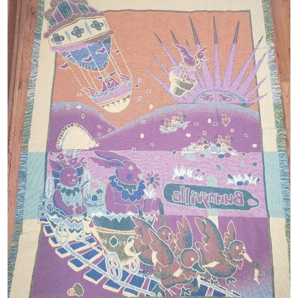 Vintage Tapestry Throw Blanket Easter Spring Bunnys Rabbits Chicks Large 72 x 48
